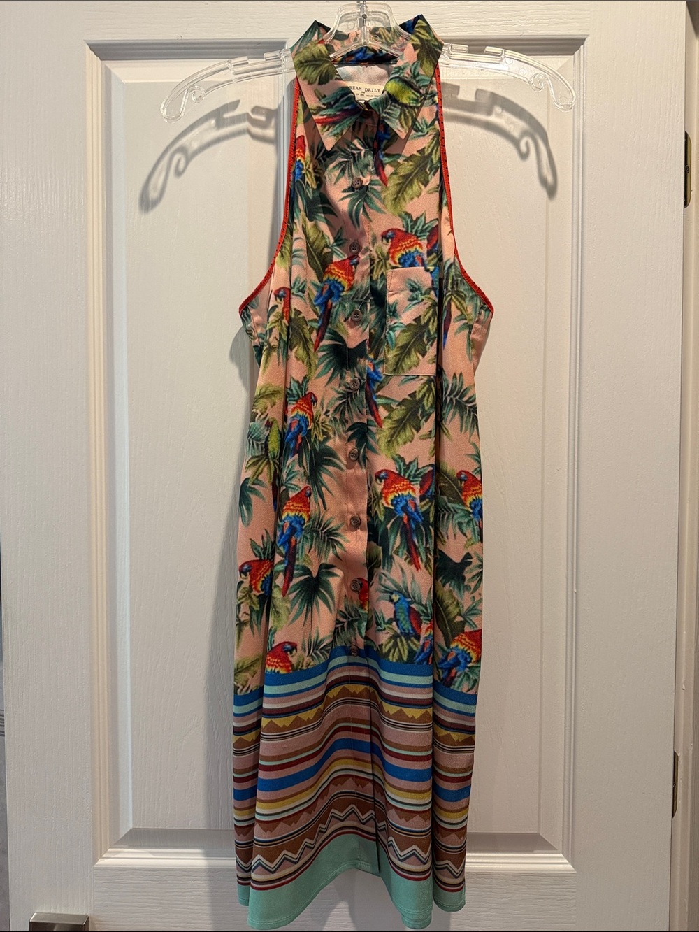 Sleeveless Tropical Parrot Shirt Dress in Pink